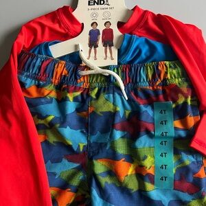 Lands' End Boys Swim Rashguard 3piece Set - Red and Blue